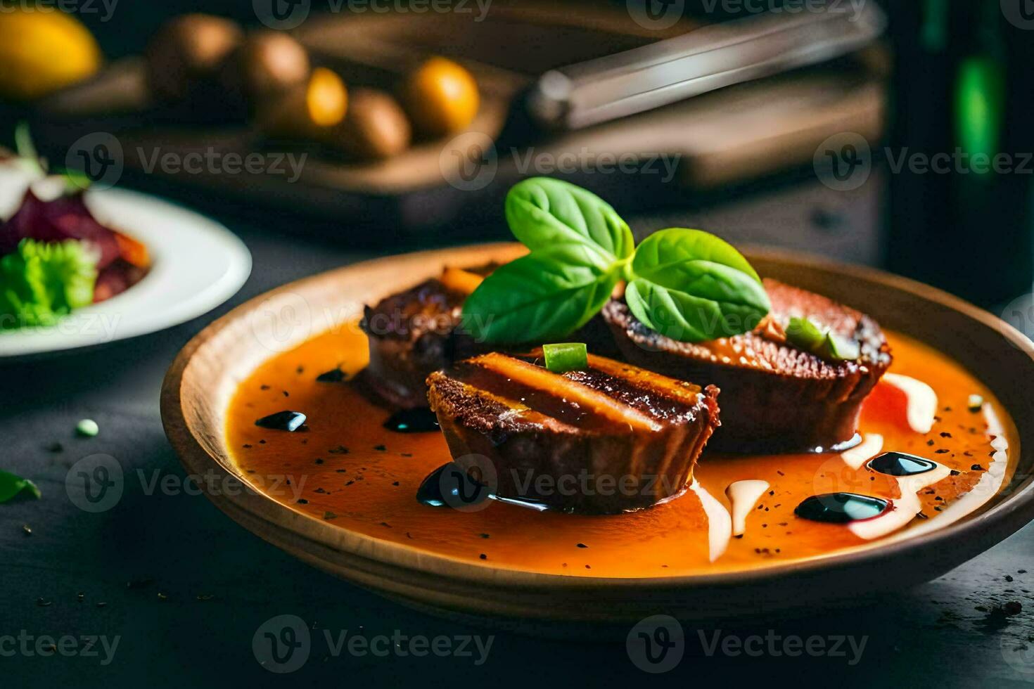 a plate of food with meat and sauce. AI-Generated photo