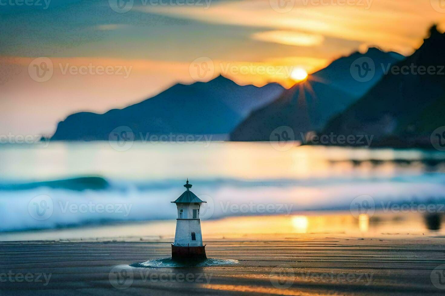 a lighthouse on the beach at sunset. AI-Generated photo