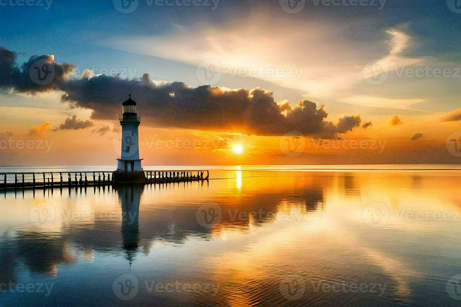 a lighthouse stands on the water at sunset. AI-Generated photo