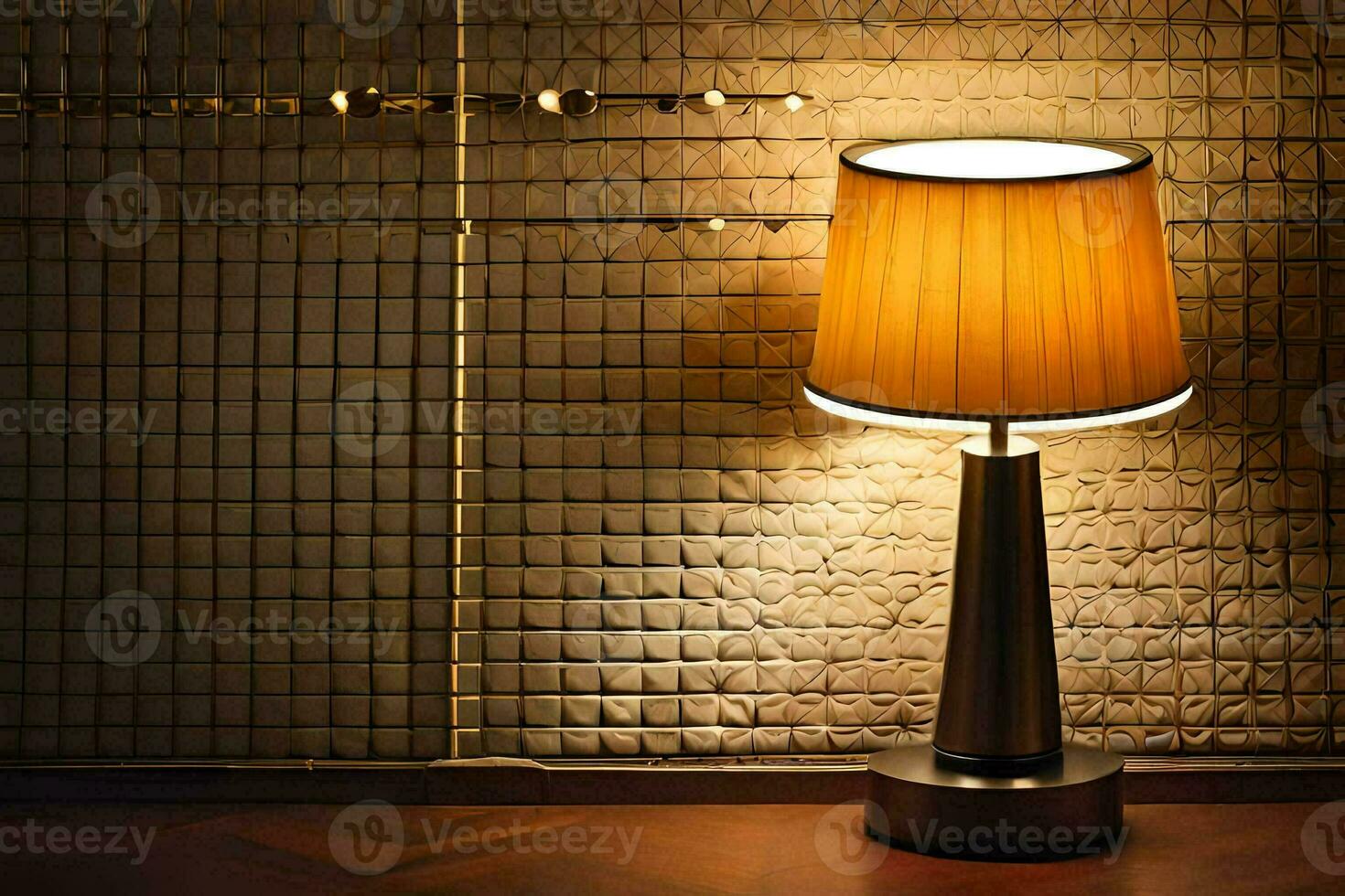 a lamp is sitting on a table in front of a wall. AI-Generated photo