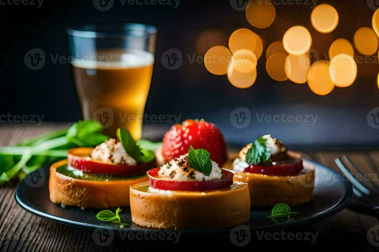 small appetizers on a plate with a glass of beer. AI-Generated photo