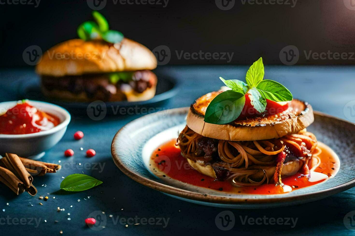 two hamburgers with sauce and spices on a plate. AI-Generated photo