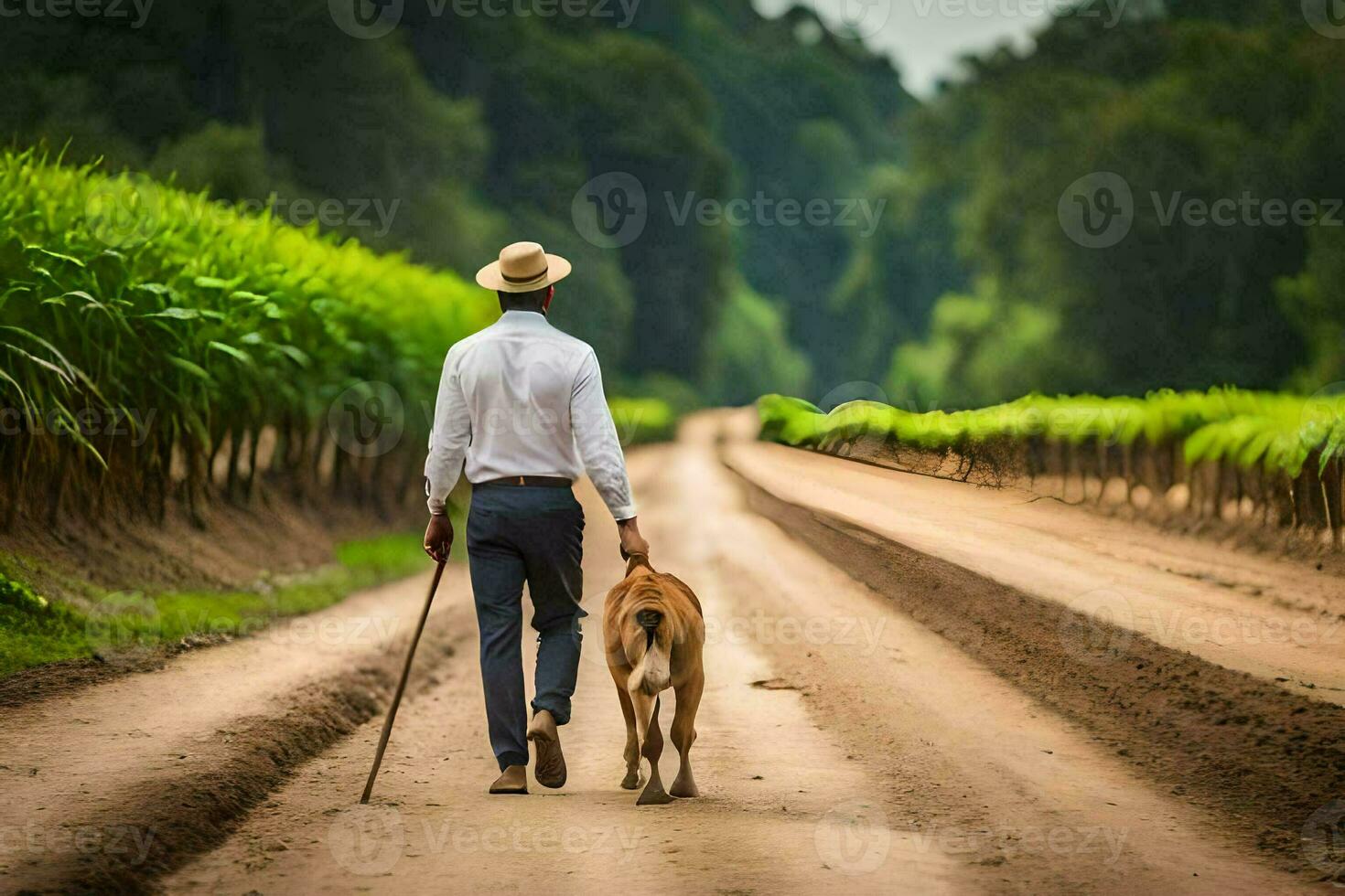 un hombre caminando su perro abajo un suciedad la carretera. generado por ai foto