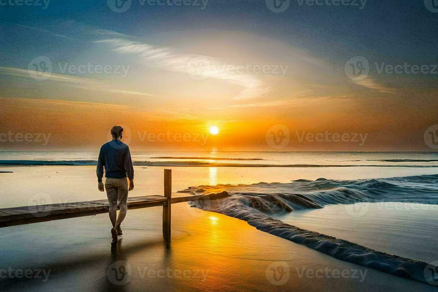 a man walking on a wooden pier at sunset. AI-Generated photo