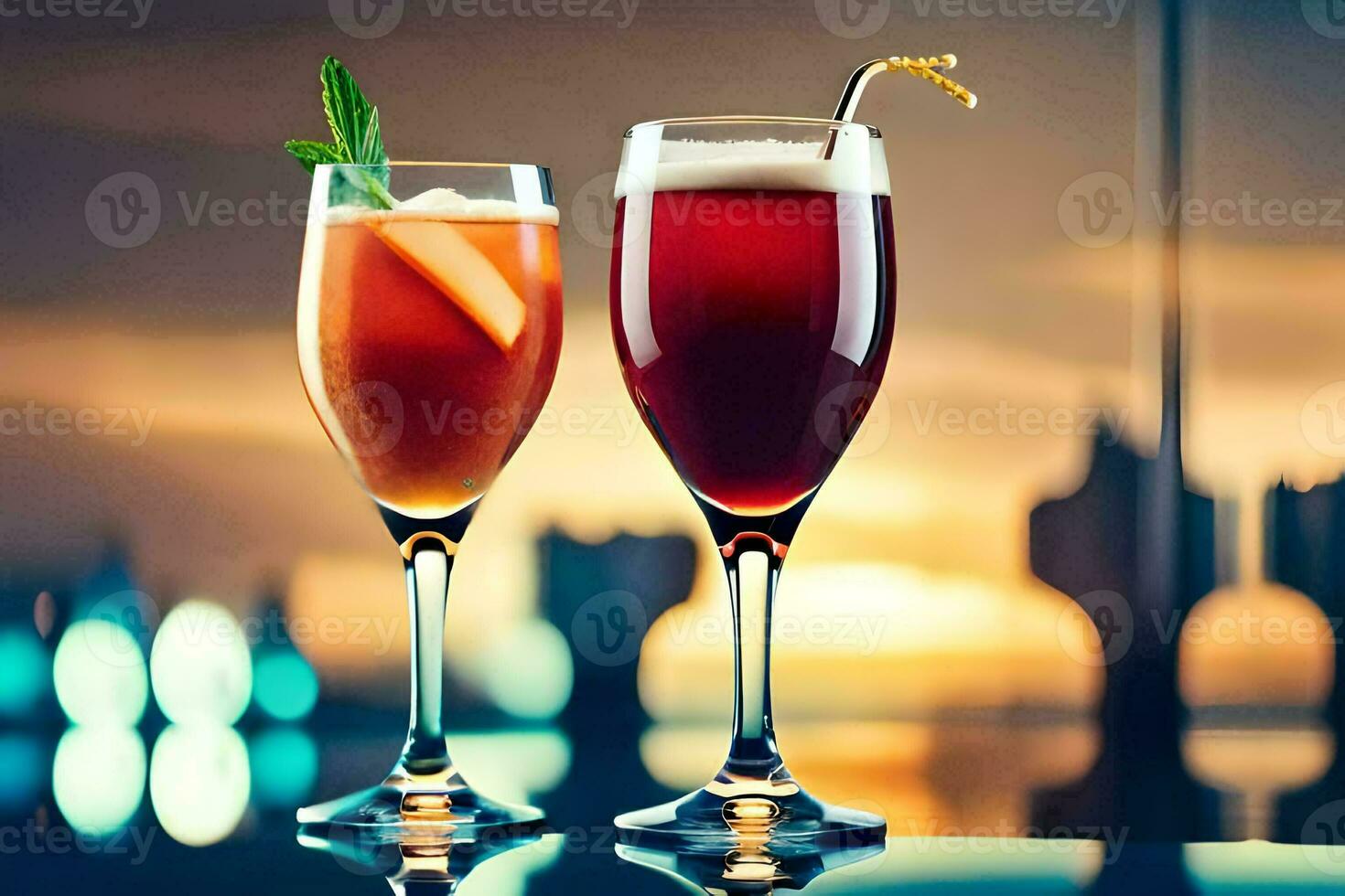 two glasses of drinks with a city view. AI-Generated photo