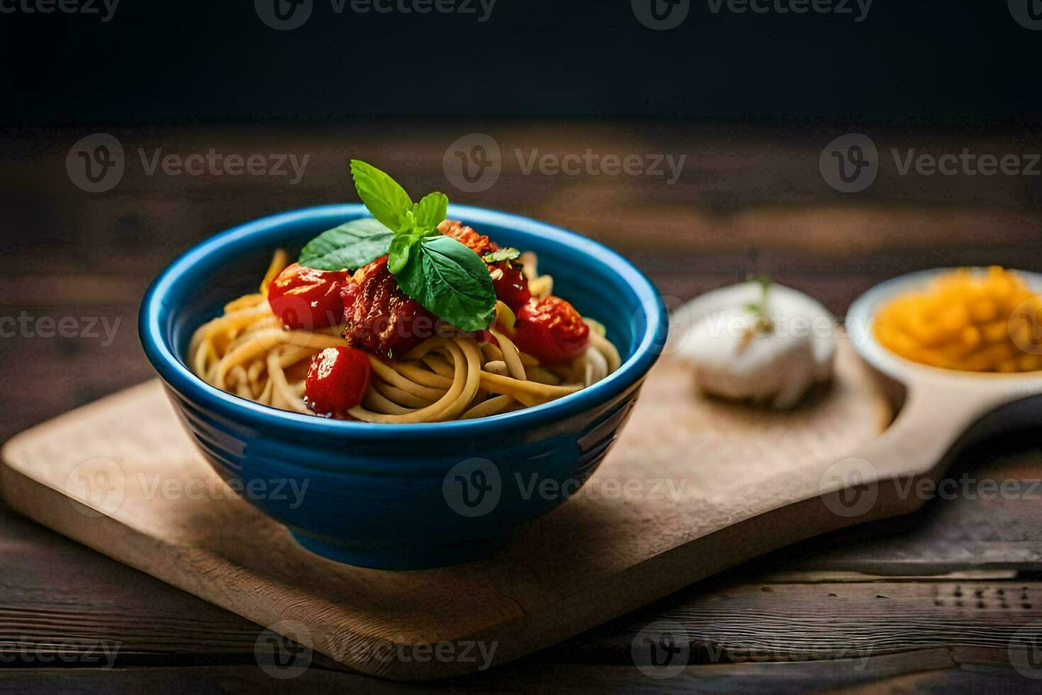 espaguetis con Tomates y albahaca en un de madera tablero. generado por ai foto