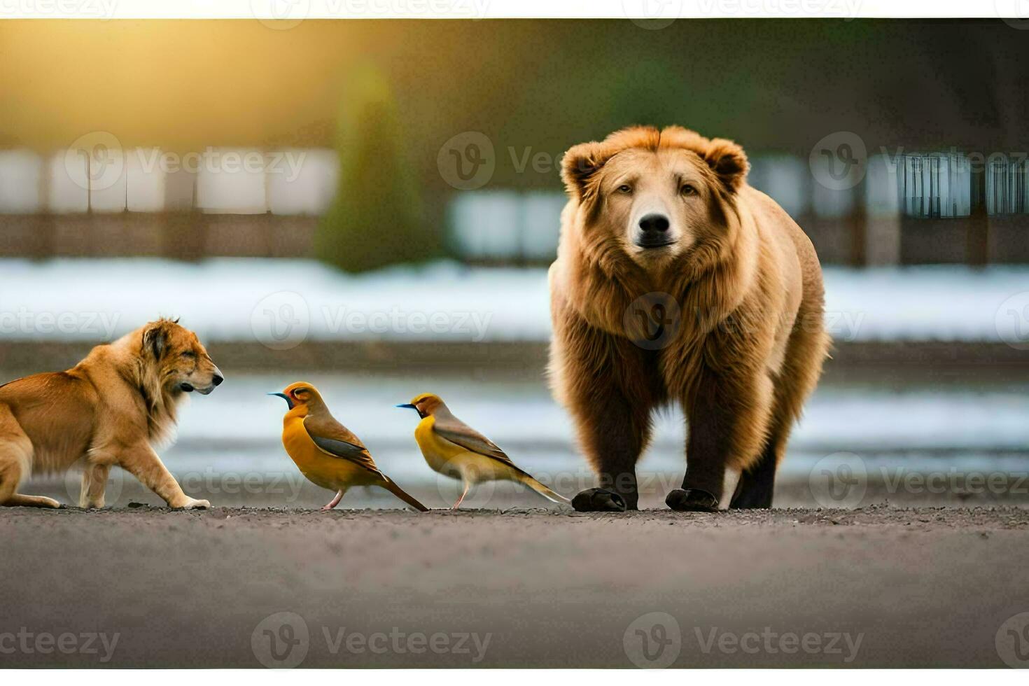 a bear and two birds standing on the road. AI-Generated photo