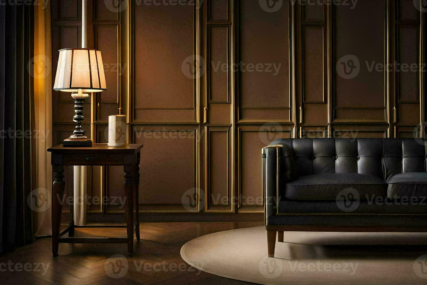 a living room with a black leather couch and a lamp. AI-Generated photo