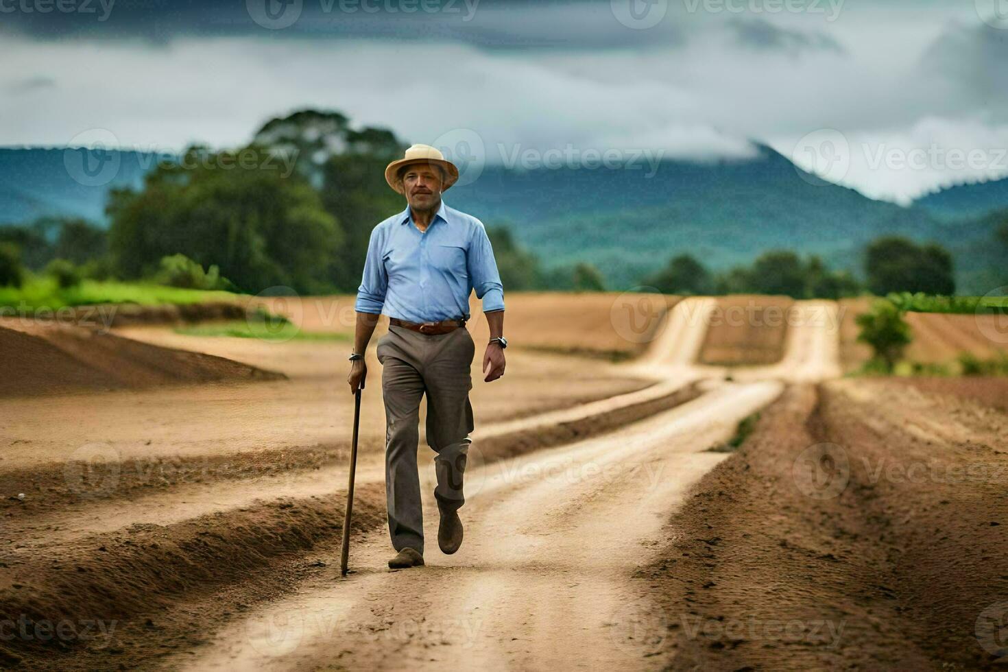 a man walking on a dirt road with a cane. AI-Generated photo