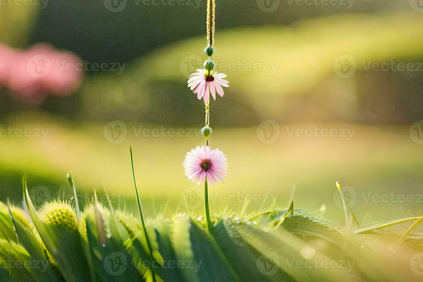 a pink flower hanging from a string in the grass. AI-Generated photo