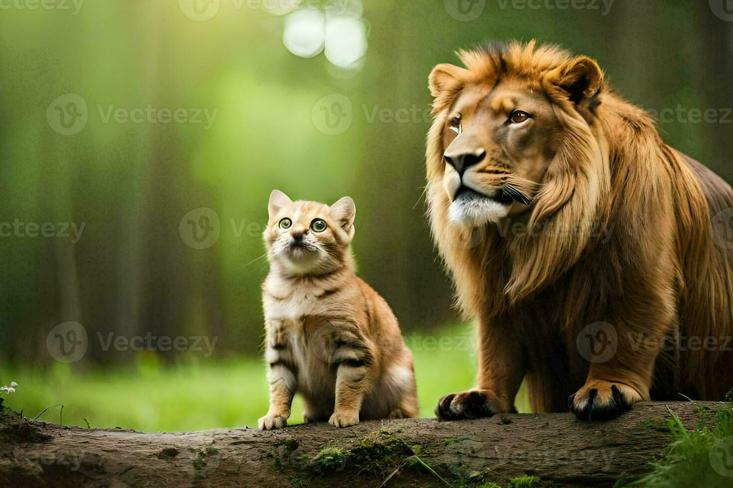 a lion and a cat are sitting on a log. AI-Generated photo