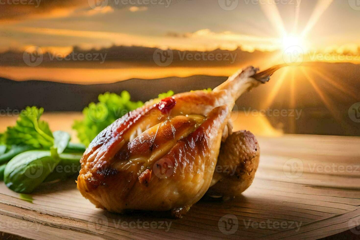 chicken on a wooden board with a sunset in the background. AI-Generated photo