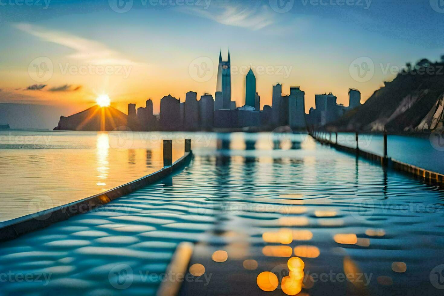 a city skyline at sunset with a dock and water. AI-Generated photo