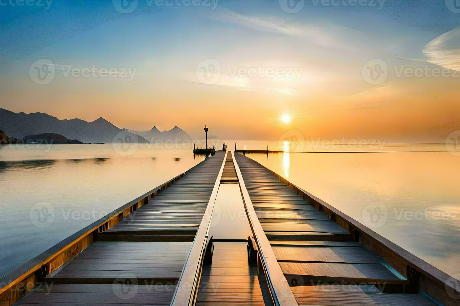 a wooden pier stretching out into the ocean at sunset. AI-Generated photo