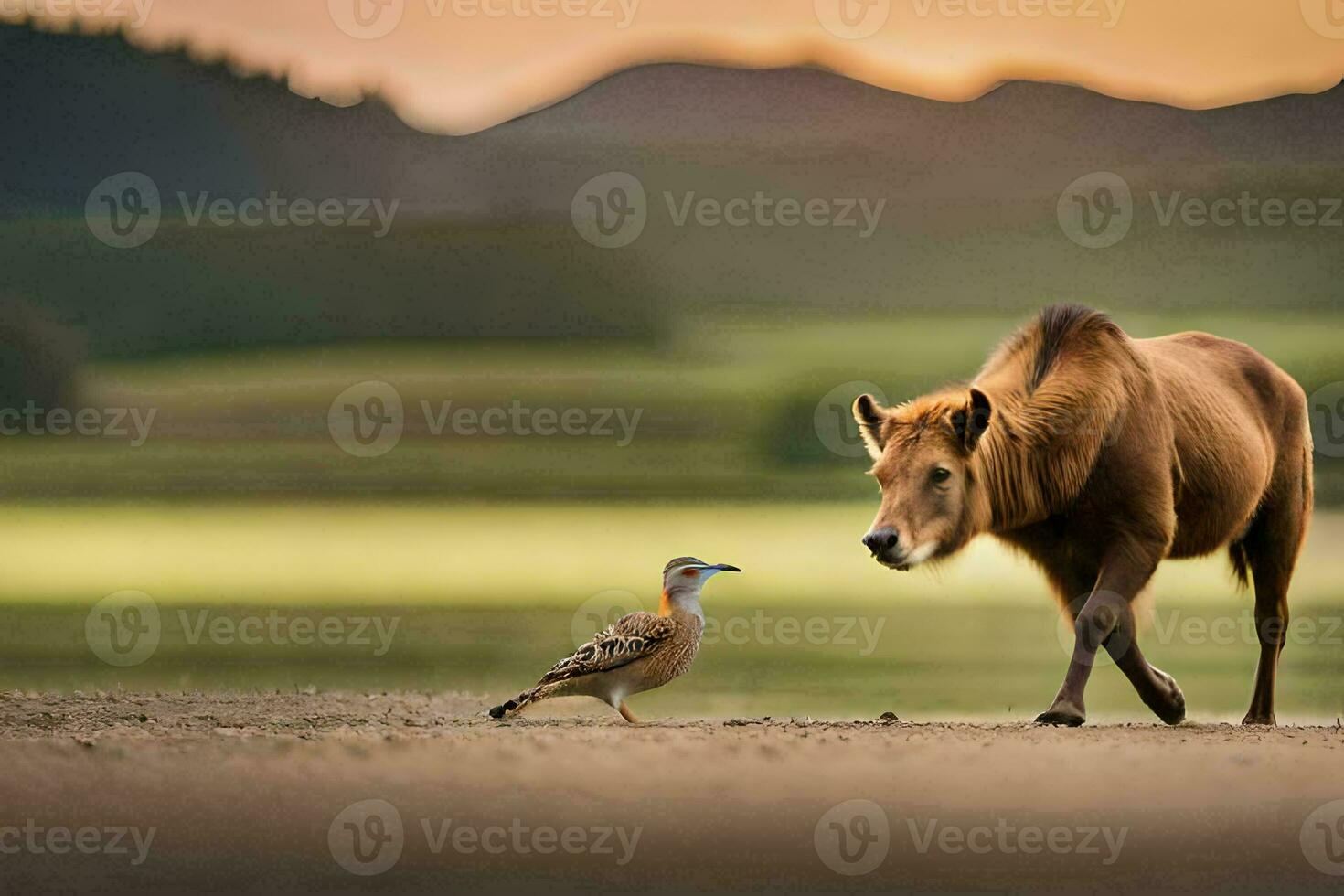 a horse and a bird standing on a dirt road. AI-Generated photo