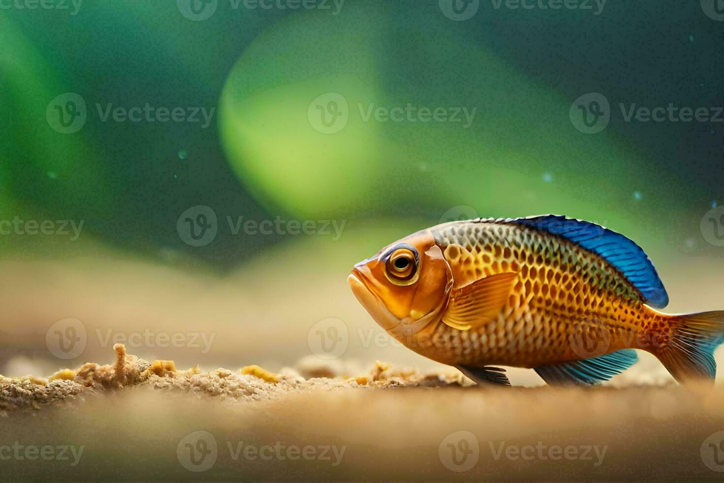 a small fish is standing on the sand. AI-Generated photo