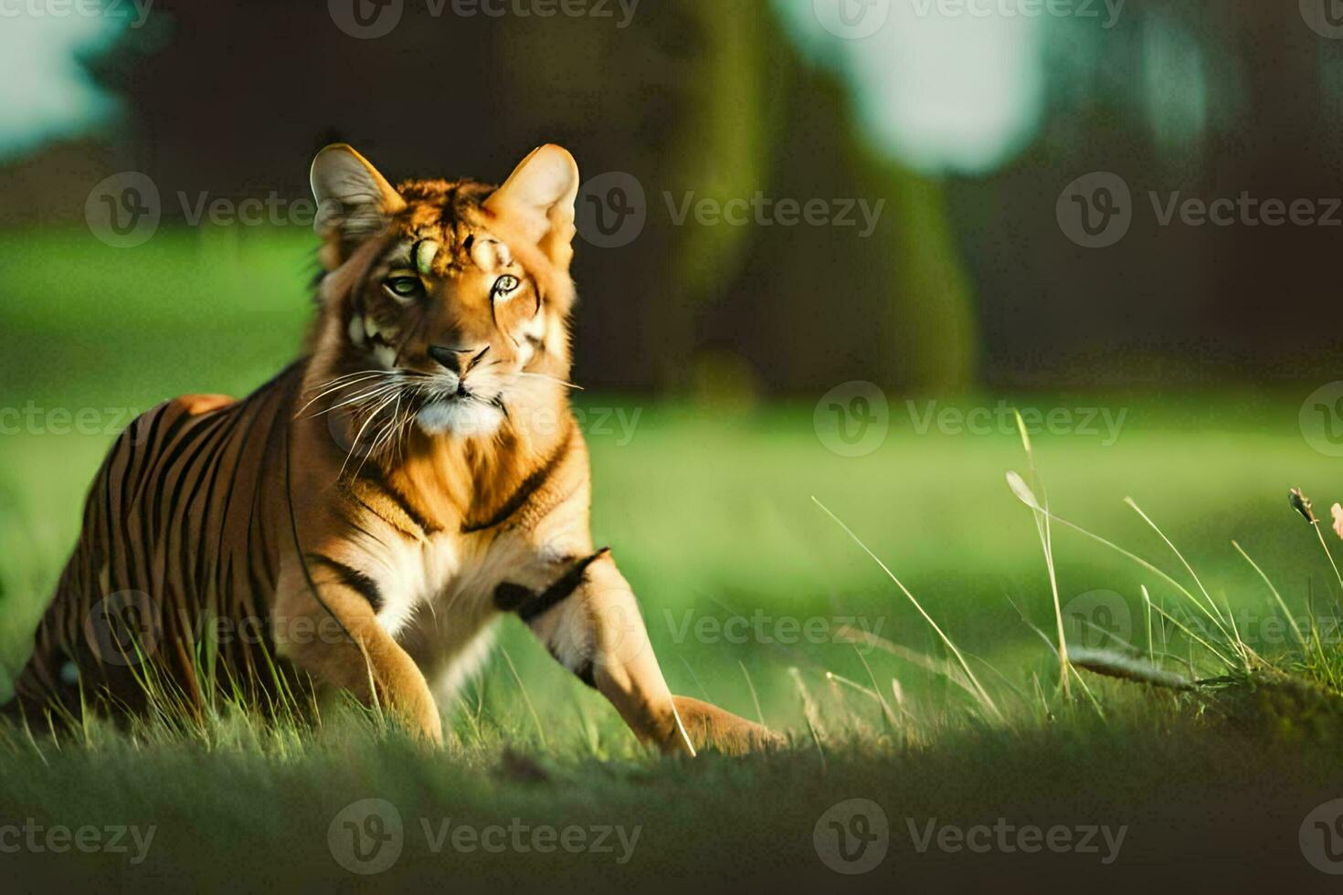 a tiger walking through a grassy field. AI-Generated photo