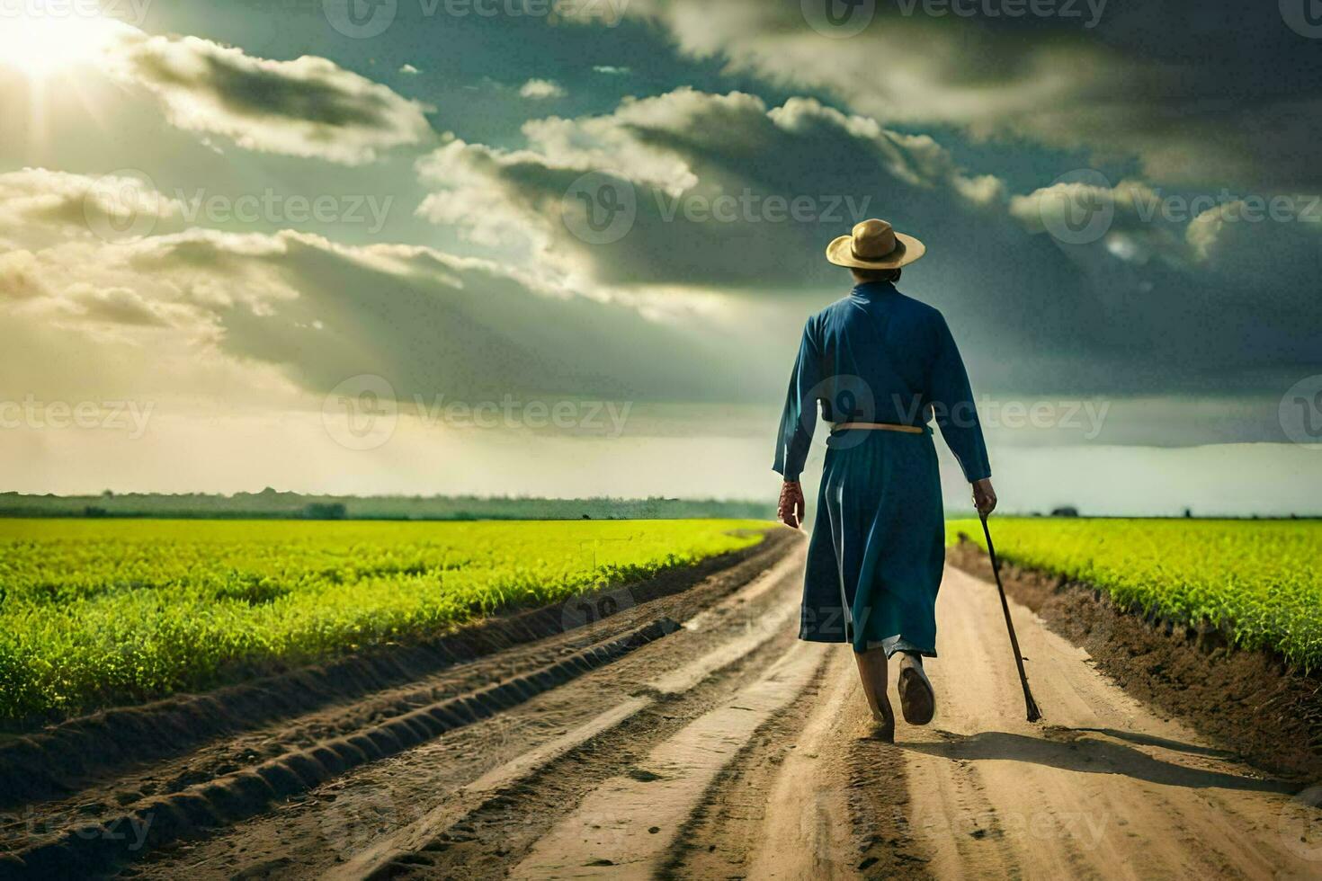 un hombre en un sombrero y azul vestir caminando abajo un suciedad la carretera. generado por ai foto