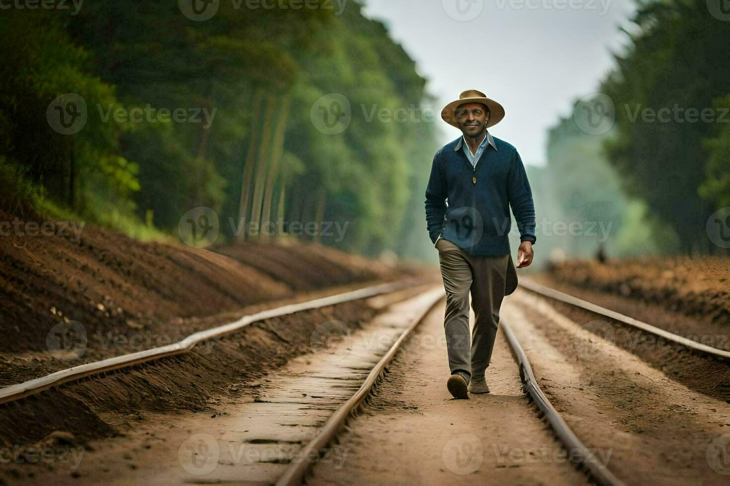 a man in a hat walks along a train track. AI-Generated photo