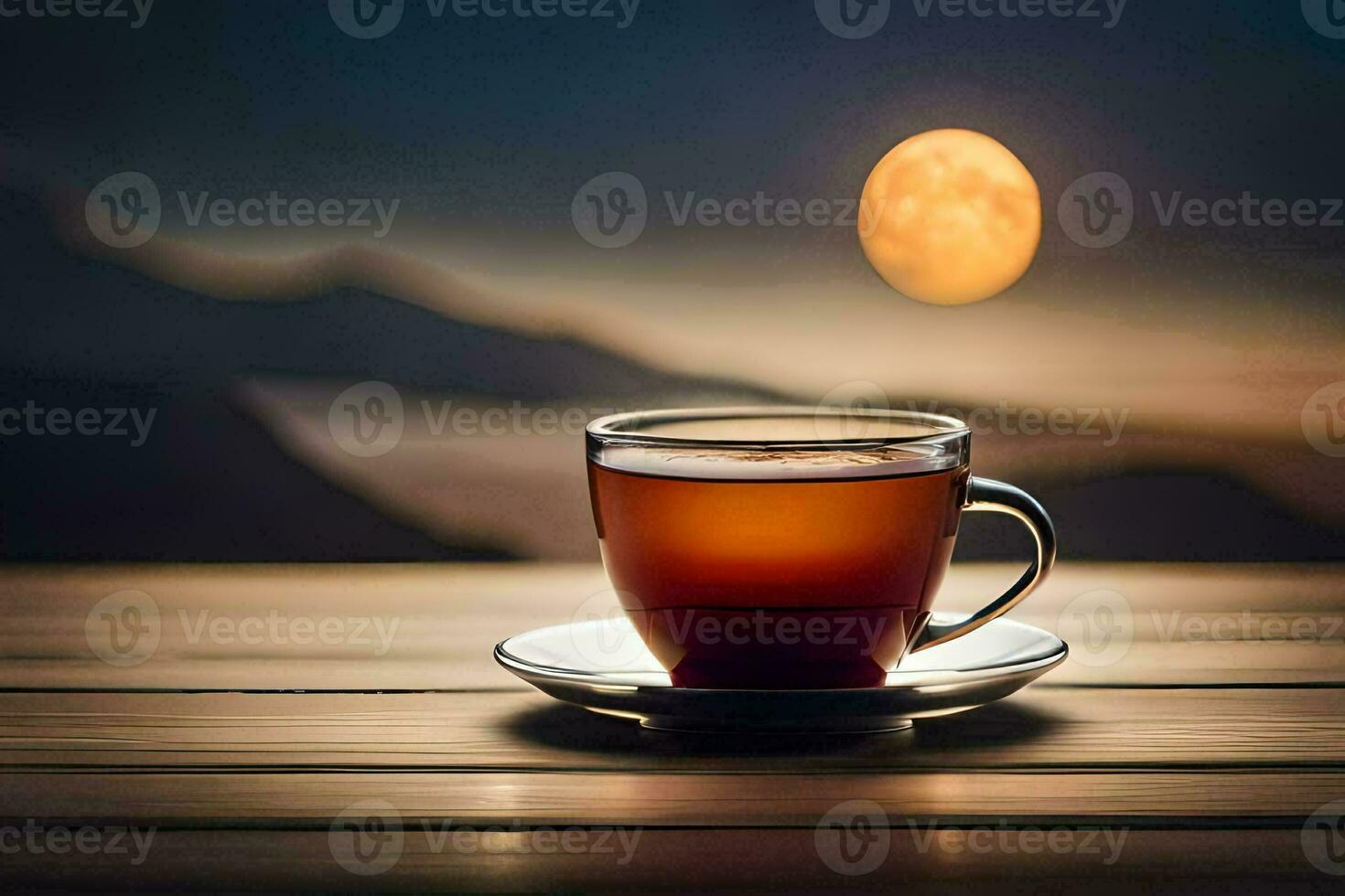 a cup of tea on a wooden table in front of a full moon. AI-Generated photo