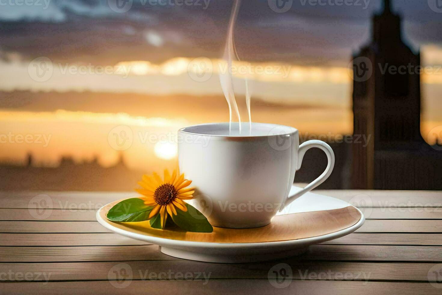 the sunflower and cup of coffee on the wooden table. AI-Generated photo
