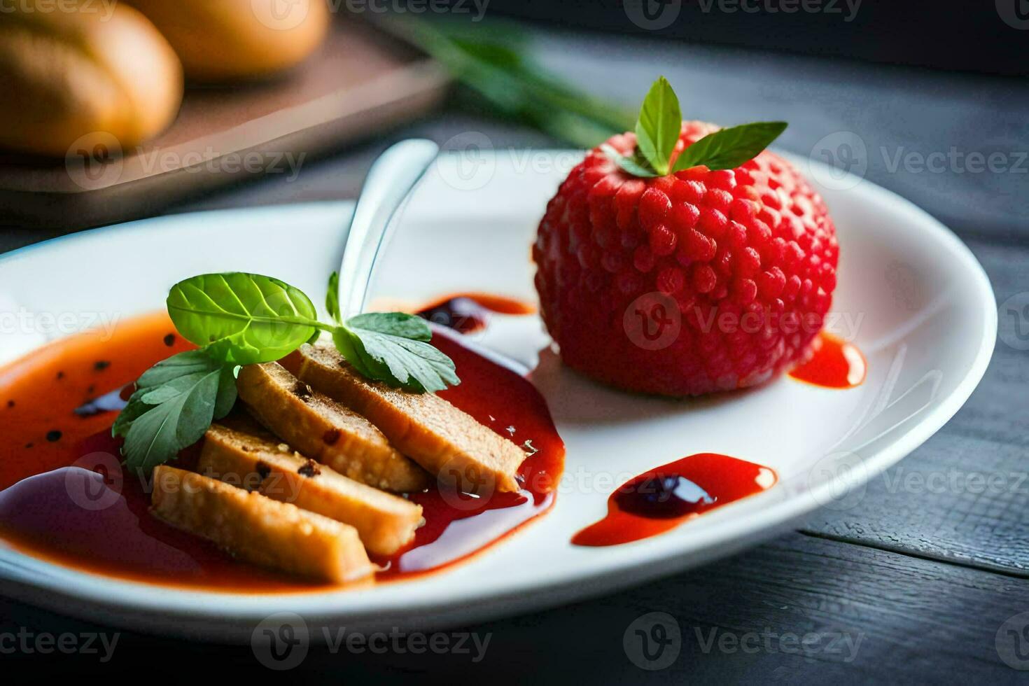 a plate with a strawberry and sauce on it. AI-Generated photo