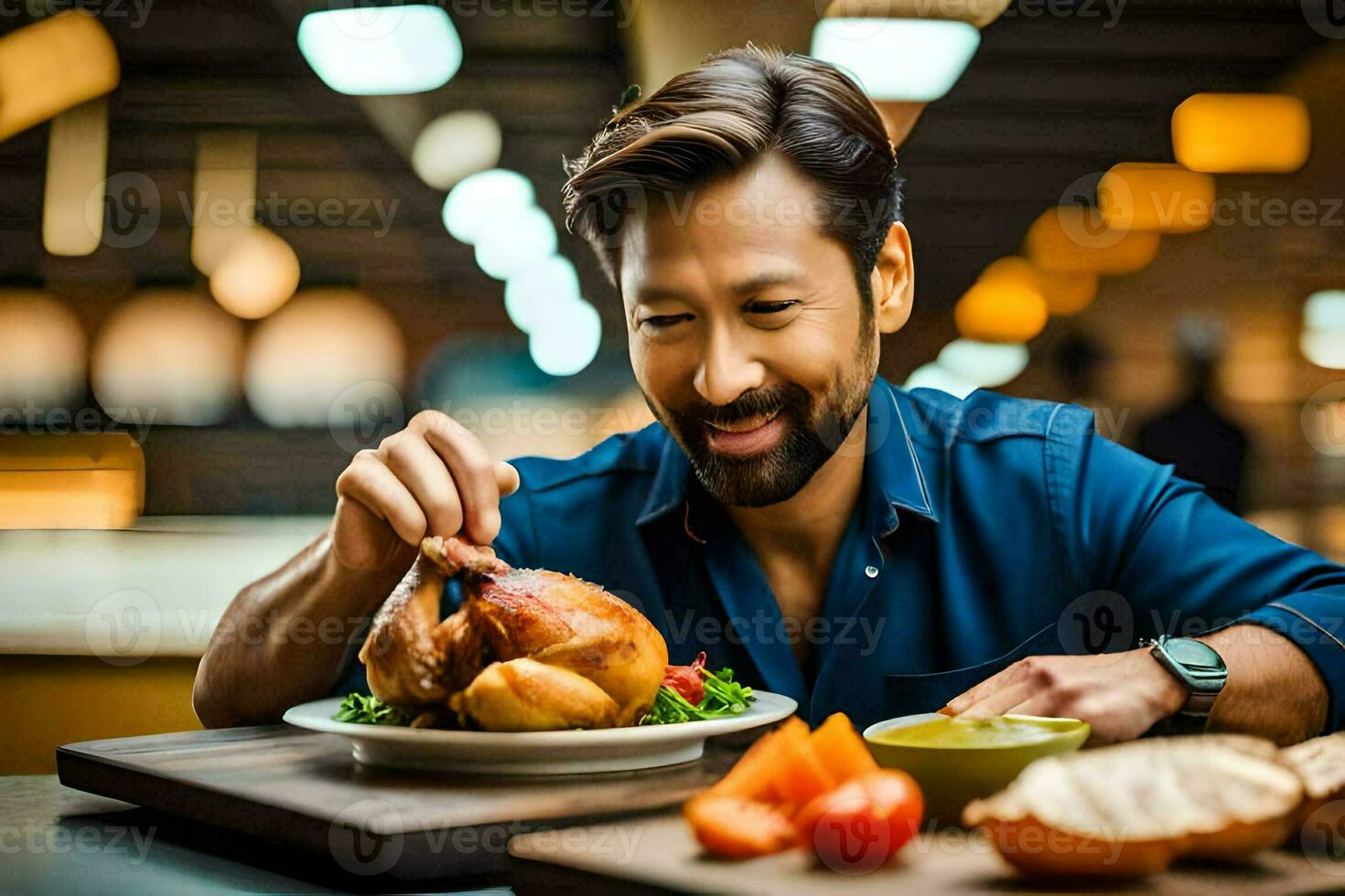 a man is eating a turkey sandwich with bread and vegetables. AI-Generated photo