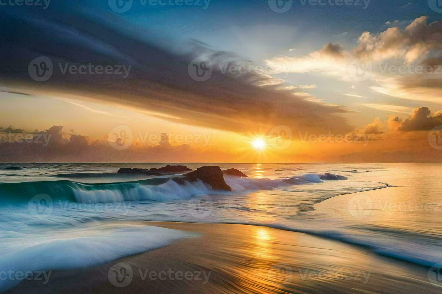 the sun rises over the ocean and waves crashing on the beach. AI-Generated photo