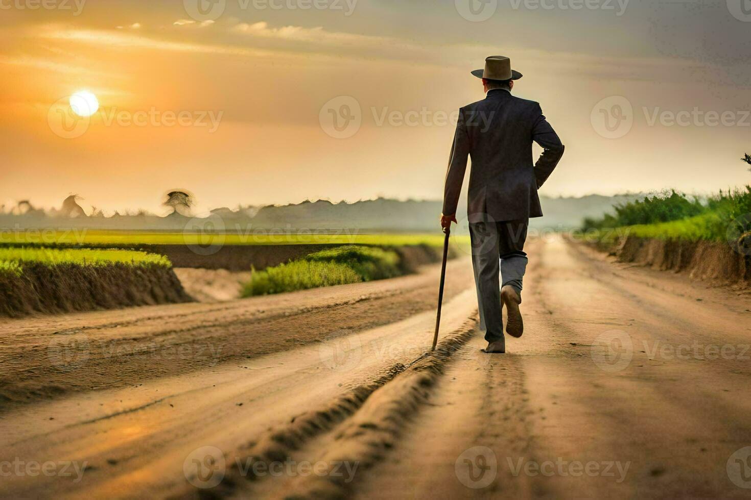 a man in a hat and suit walking down a dirt road. AI-Generated photo