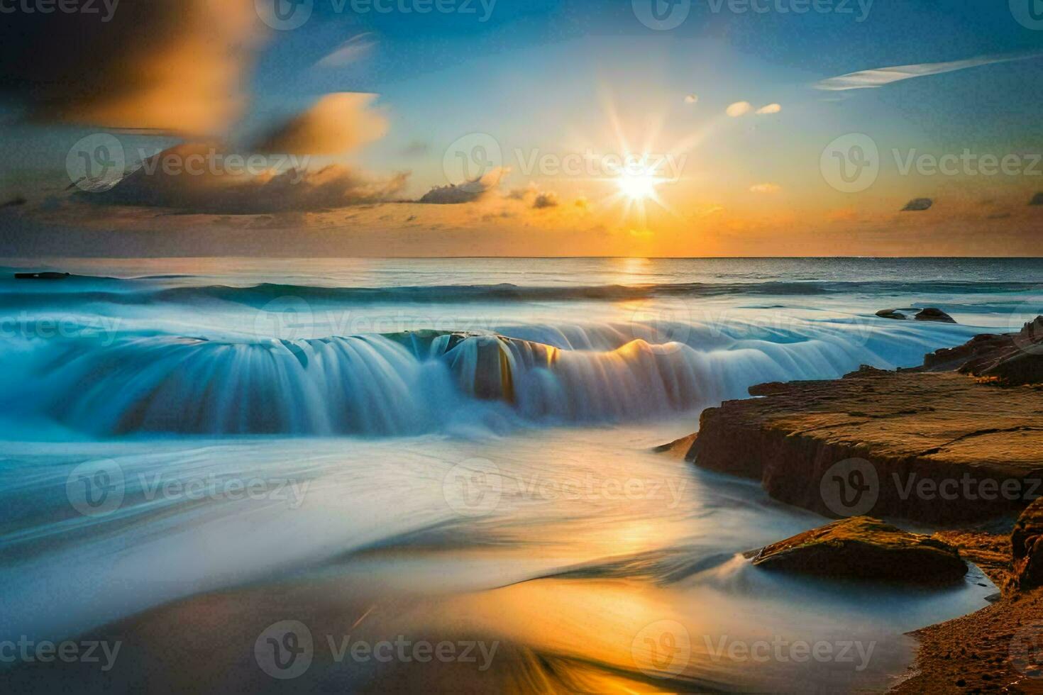 the sun rises over the ocean and waves crashing into the shore. AI-Generated photo