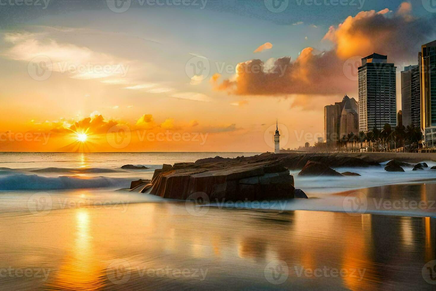 el Dom conjuntos terminado el Oceano y edificios en el antecedentes. generado por ai foto