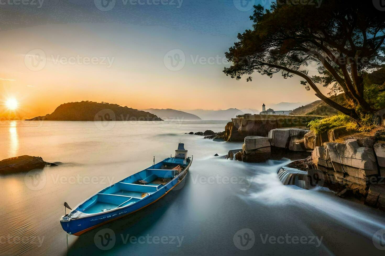 a boat is sailing on the ocean at sunset. AI-Generated photo