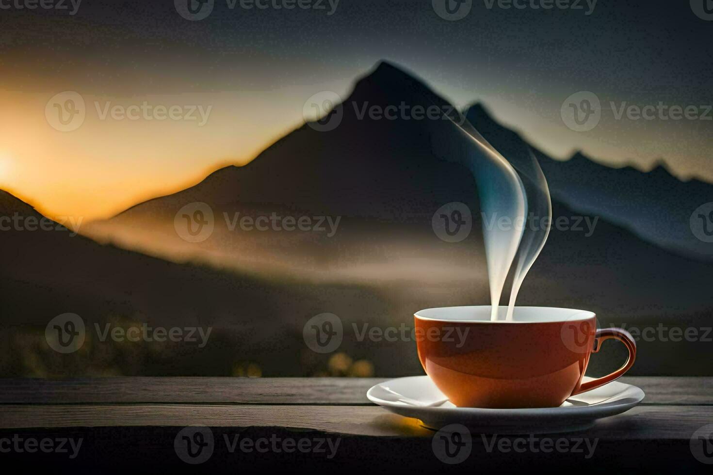 a cup of coffee on a wooden table in front of a mountain view. AI-Generated photo