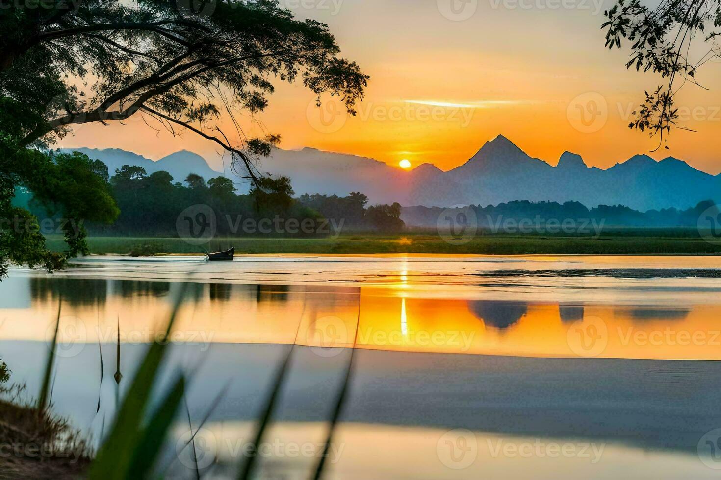 the sun sets over a river and mountains. AI-Generated photo