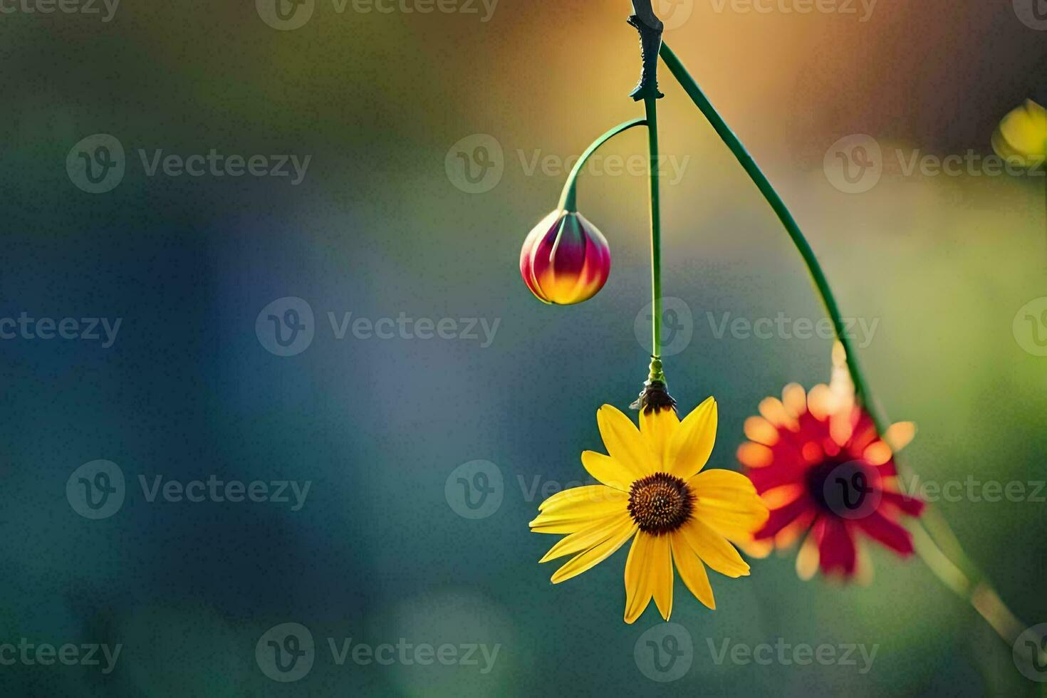 two yellow flowers hanging from a vine. AI-Generated photo