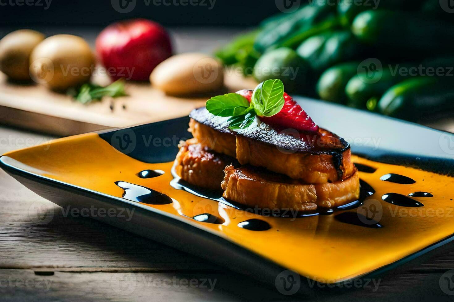 a plate with a piece of bread and strawberries. AI-Generated photo