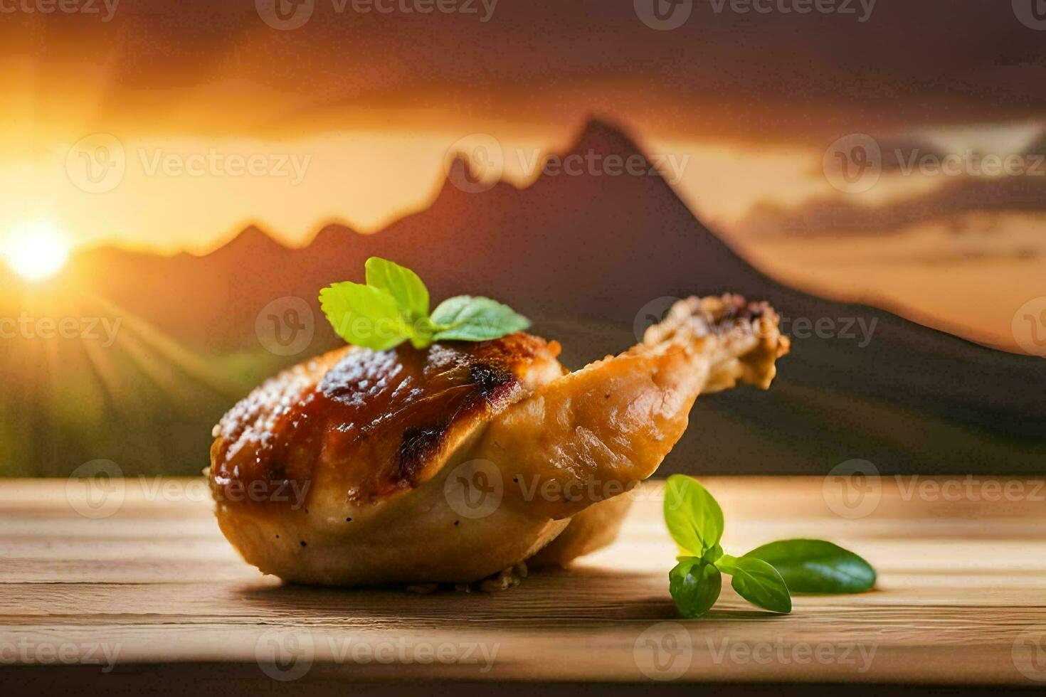 the chicken is on a wooden table with a mountain in the background. AI-Generated photo