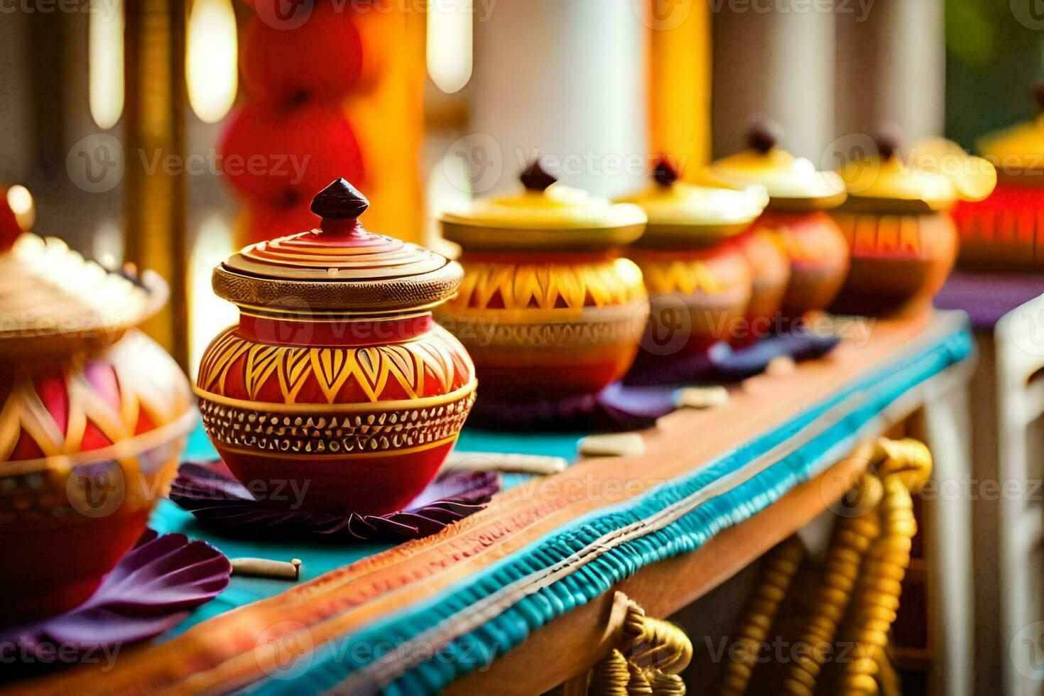 colorful pots on a table with a blue cloth. AI-Generated photo