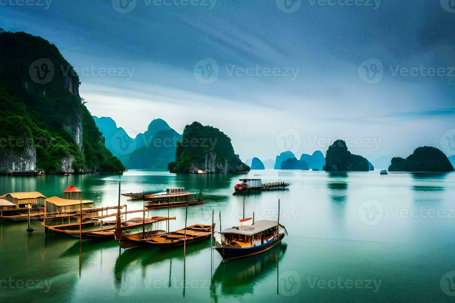 barcos en el agua cerca montañas. generado por ai foto