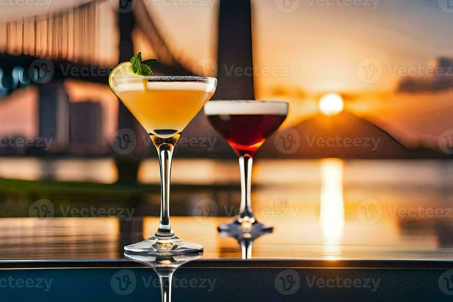 two cocktails sit on a table in front of a bridge. AI-Generated photo