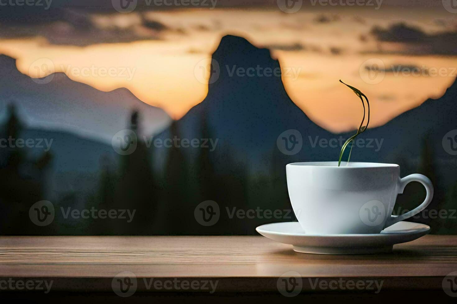 a cup of coffee on a table in front of a mountain. AI-Generated photo