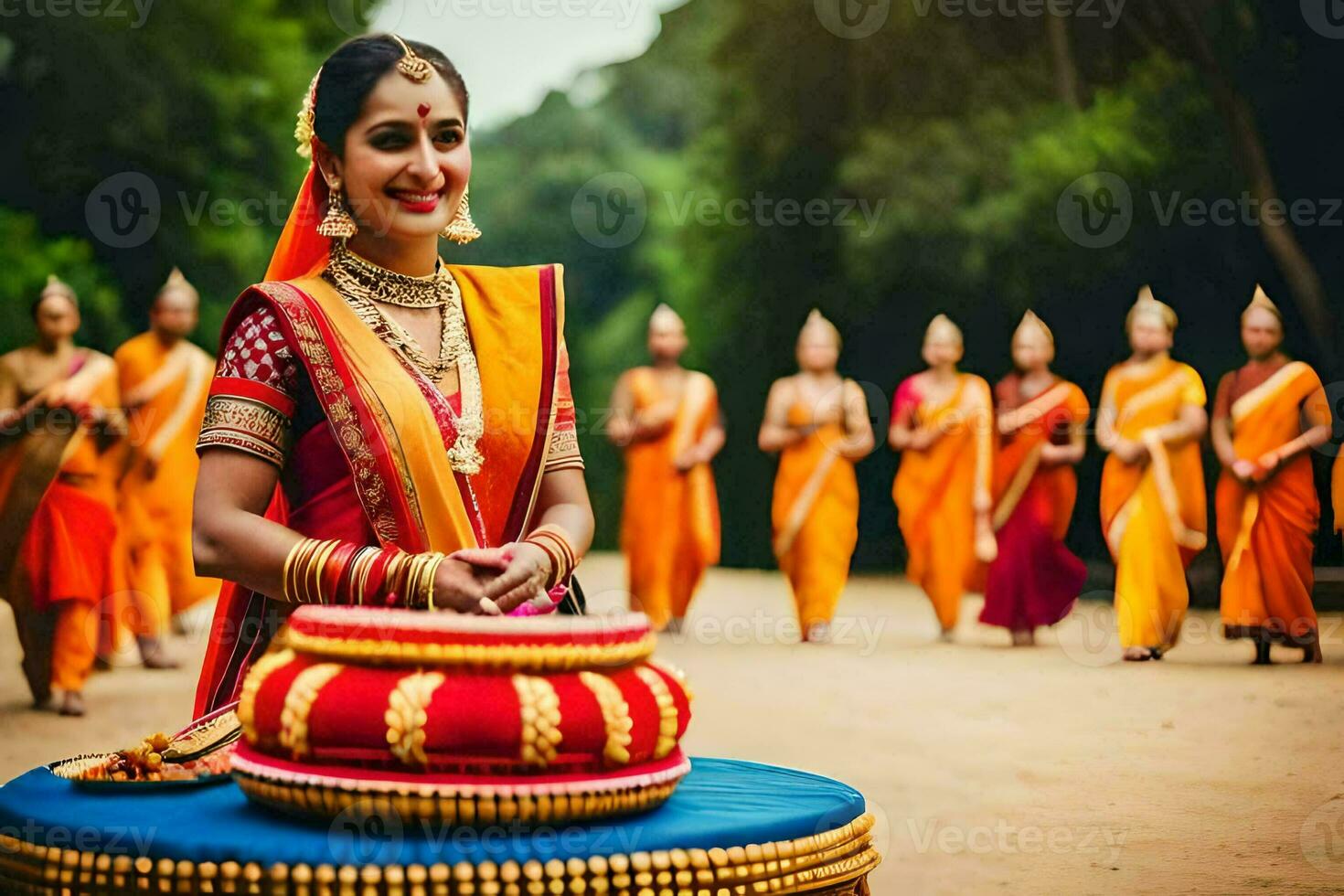 a woman in indian attire is smiling while holding a large cake. AI-Generated photo