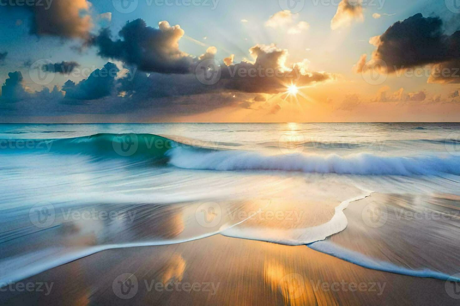 the sun rises over the ocean and waves. AI-Generated photo