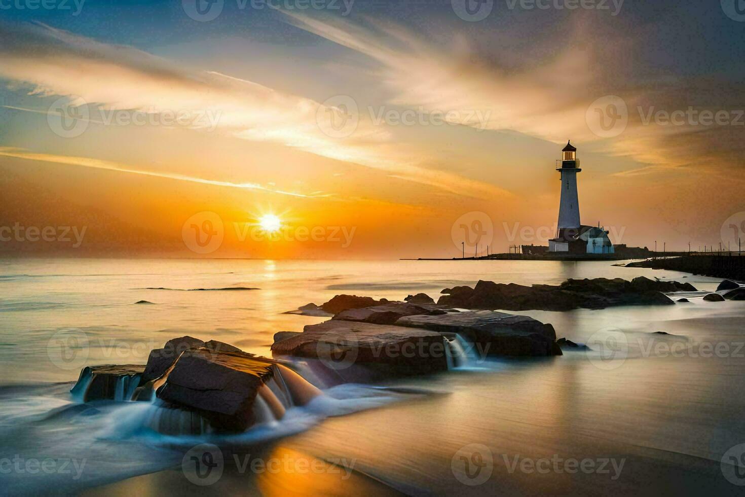 the sun rises over a lighthouse on the shore. AI-Generated photo