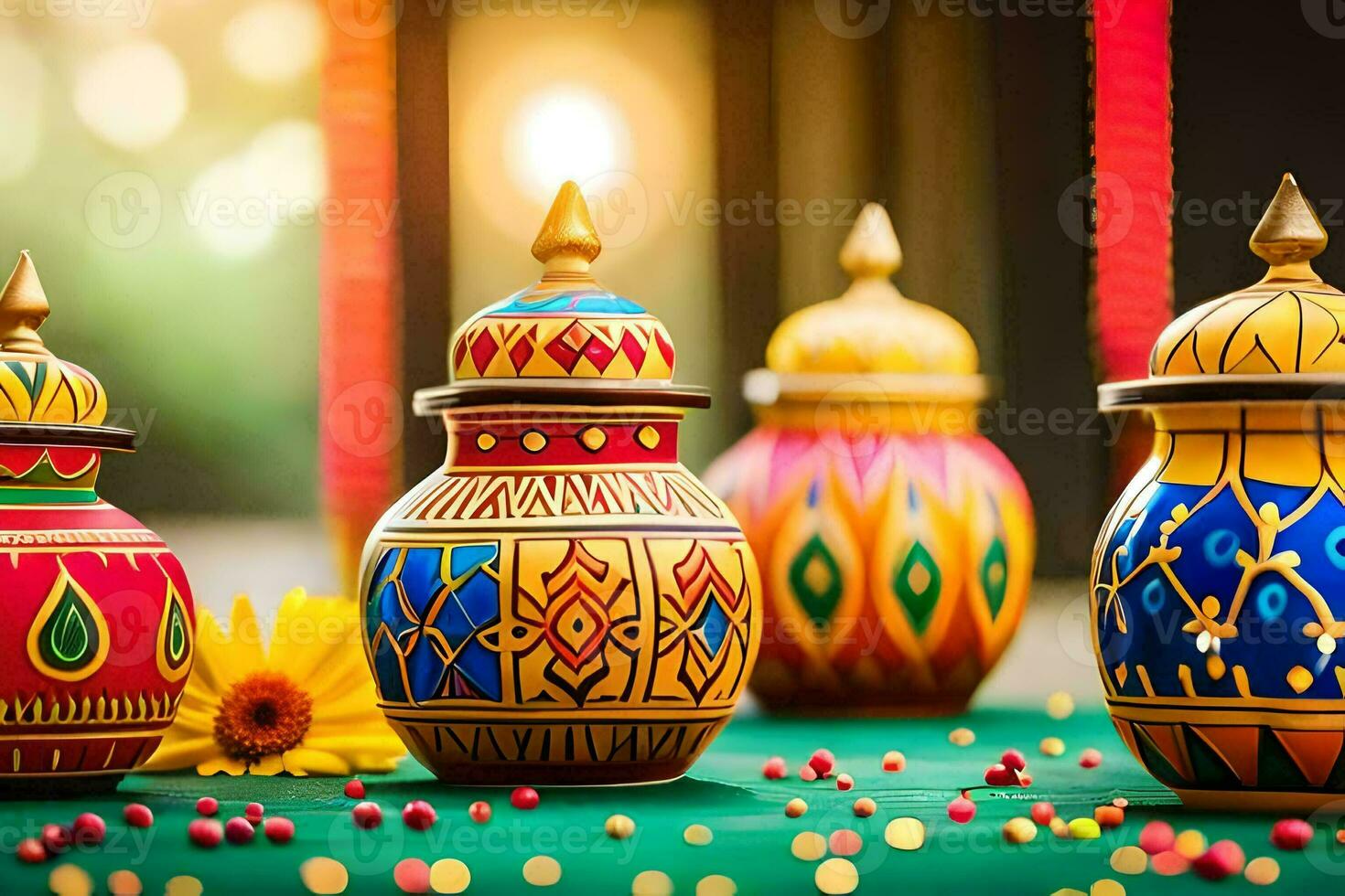 colorful decorative pots on a table with colorful flowers. AI-Generated photo