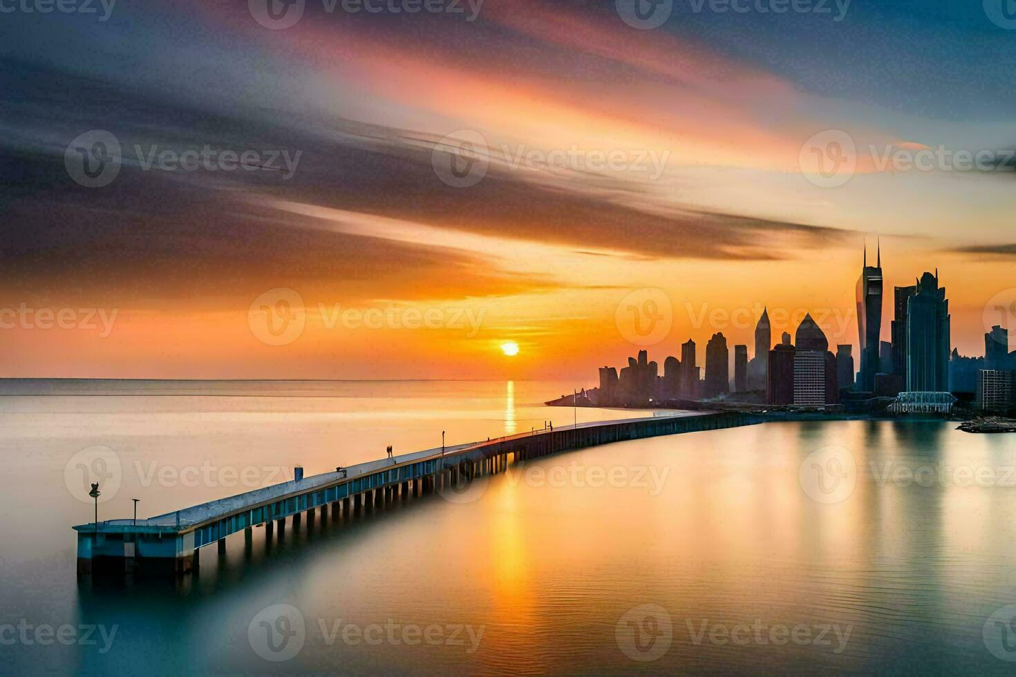 the sun sets over the city skyline in dubai. AI-Generated photo