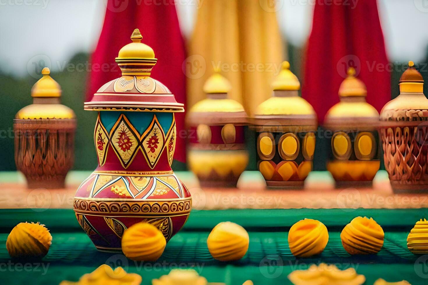 a table with many colorful vases and other items. AI-Generated photo
