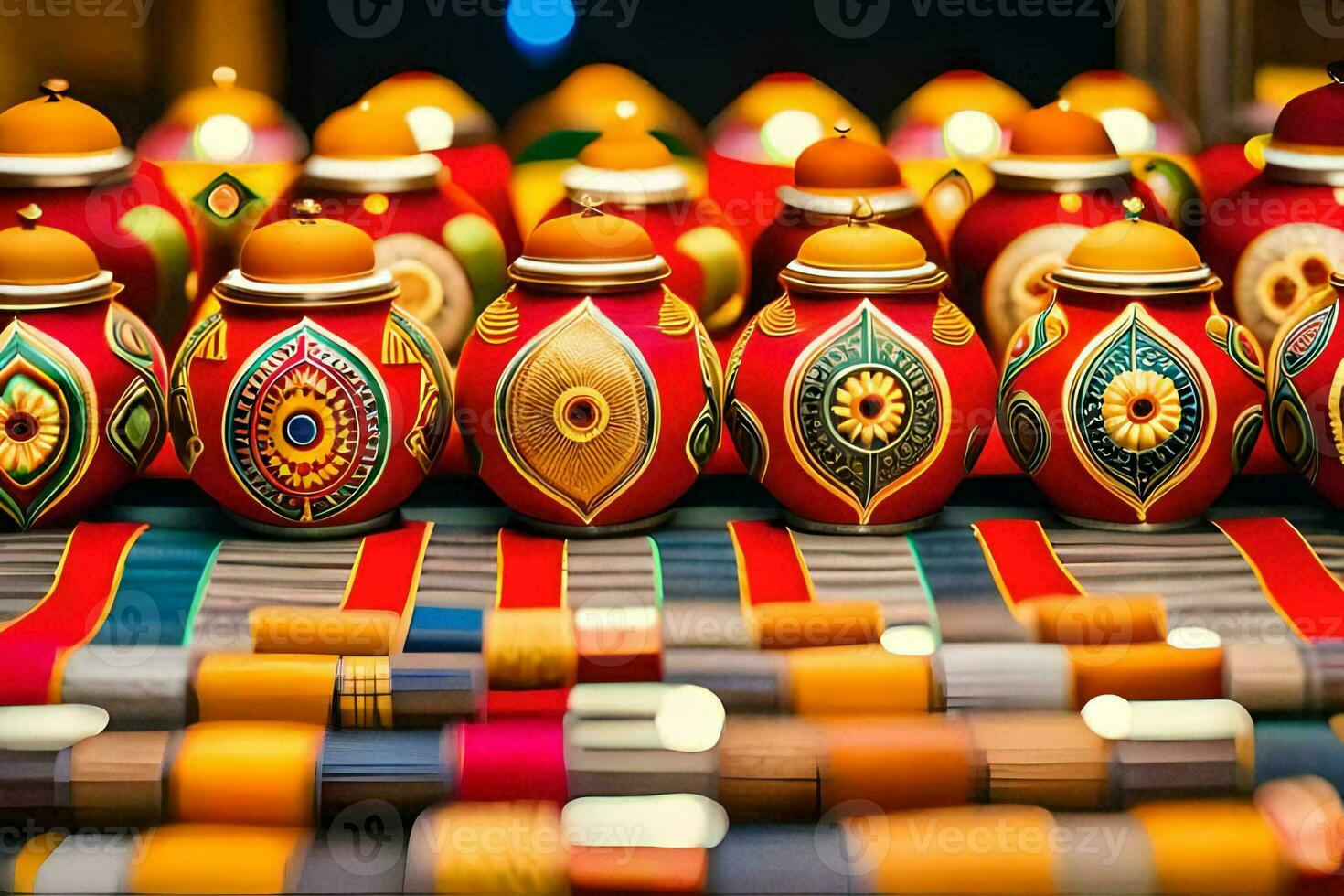 many colorful painted wooden pots are lined up on a table. AI-Generated photo