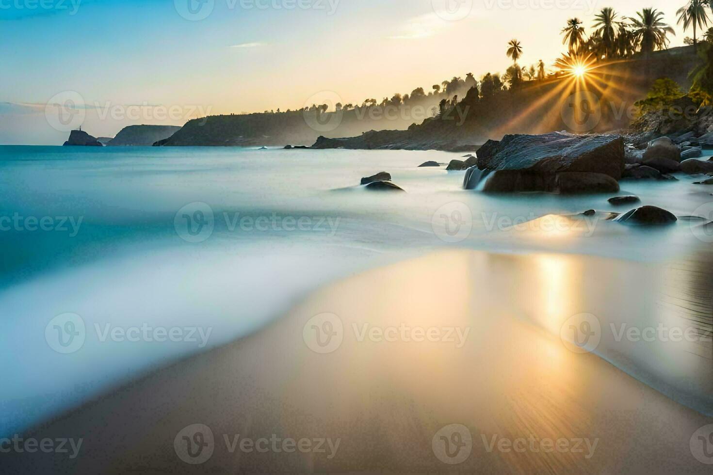 the sun rises over the ocean and rocks on the beach. AI-Generated photo