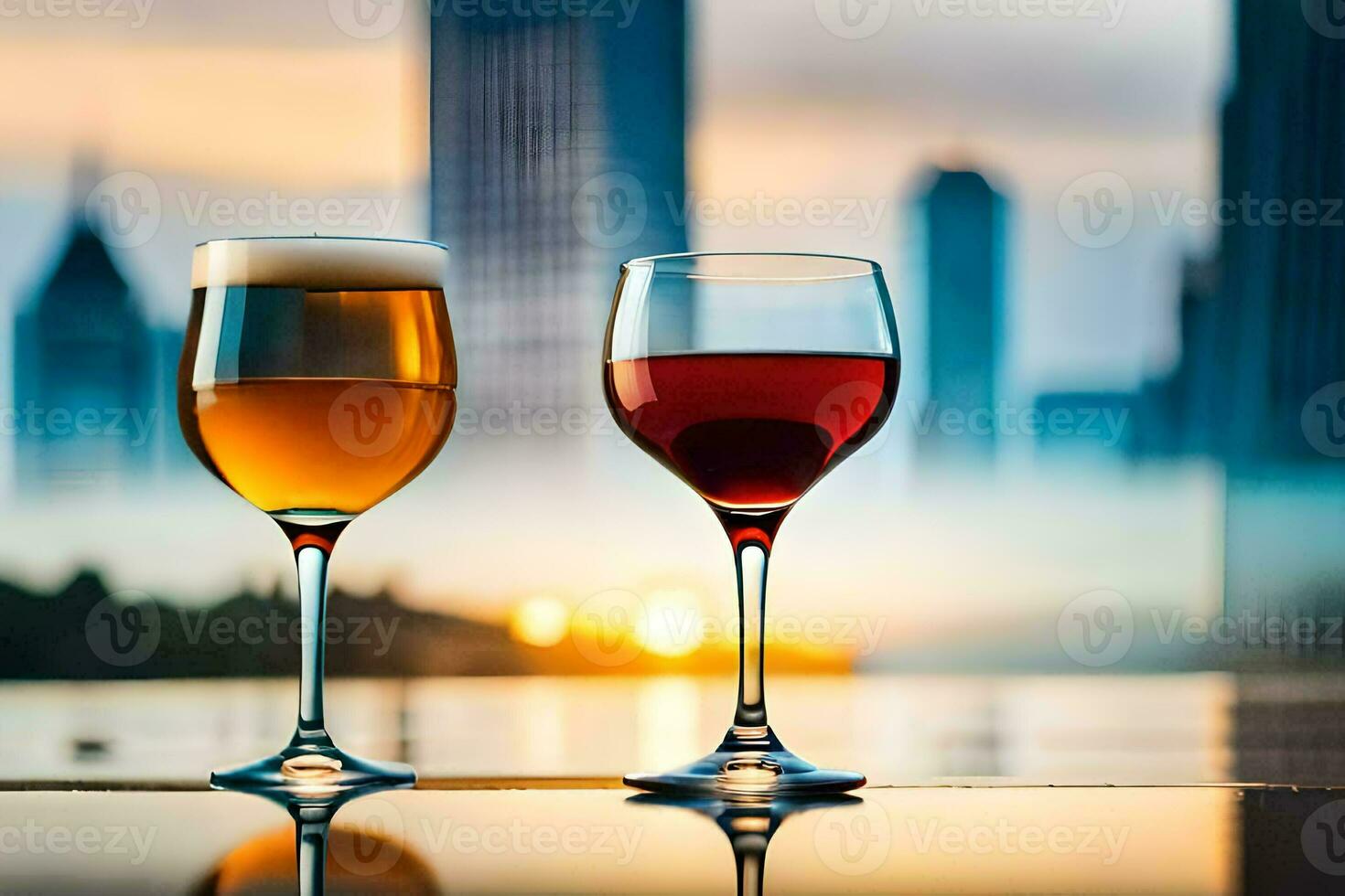two glasses of wine and beer on a table in front of a city skyline. AI-Generated photo
